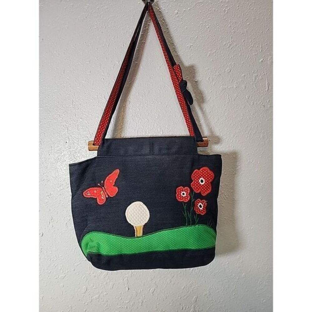 Vintage Women's Cloth Bag Purse on Wood Handles Boho Golf Design